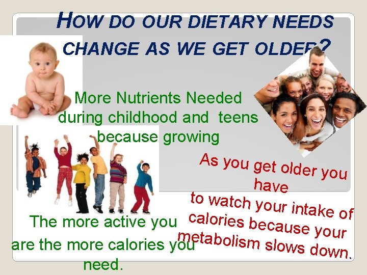 HOW DO OUR DIETARY NEEDS CHANGE AS WE GET OLDER? More Nutrients Needed during