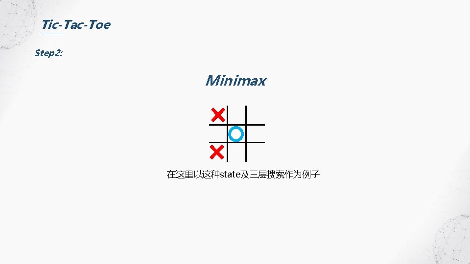 Tic-Tac-Toe Step 2: Minimax 在这里以这种state及三层搜索作为例子 