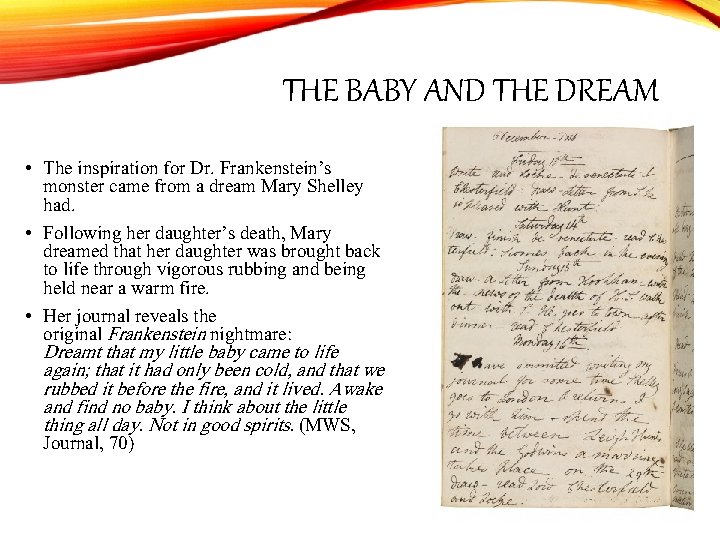 THE BABY AND THE DREAM • The inspiration for Dr. Frankenstein’s monster came from