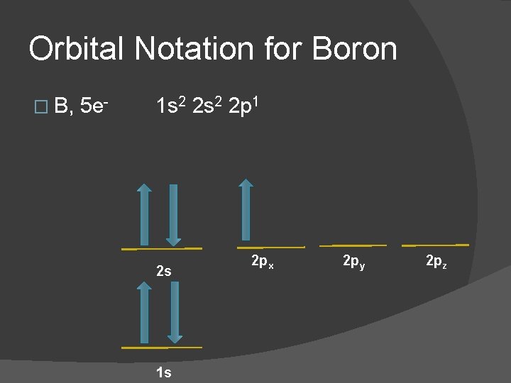 Orbital Notation for Boron � B, 5 e- 1 s 2 2 p 1