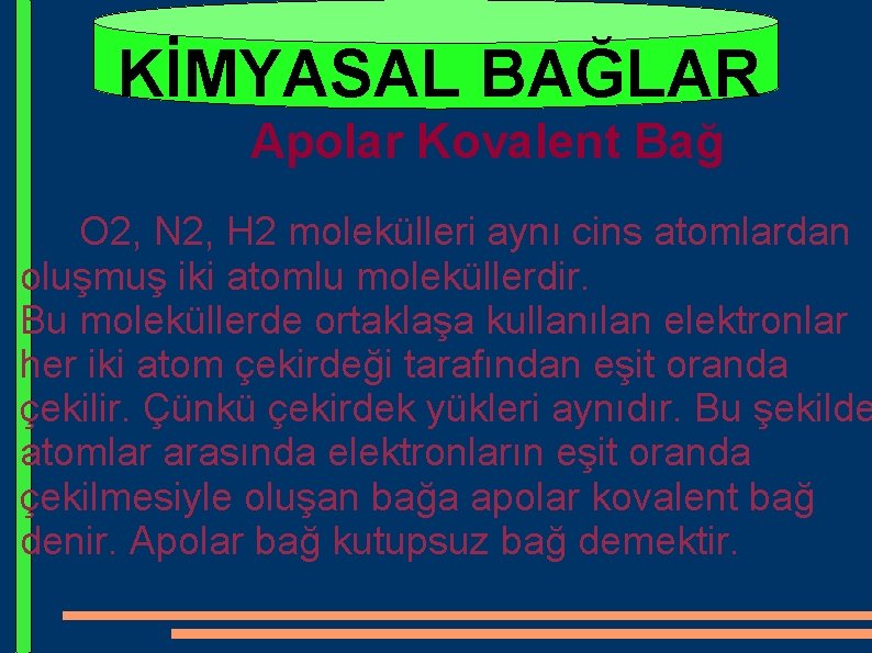 KİMYASAL BAĞLAR Apolar Kovalent Bağ O 2, N 2, H 2 molekülleri aynı cins