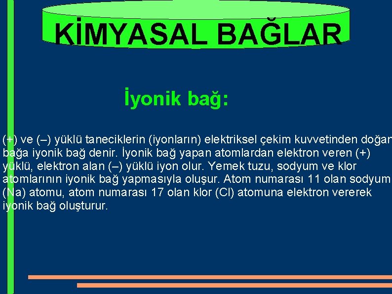 KİMYASAL BAĞLAR İyonik bağ: (+) ve (–) yüklü taneciklerin (iyonların) elektriksel çekim kuvvetinden doğan