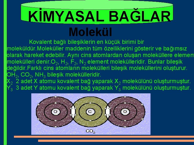 KİMYASAL BAĞLAR Molekül Kovalent bağlı bileşiklerin en küçük birimi bir moleküldür. Moleküller maddenin tüm