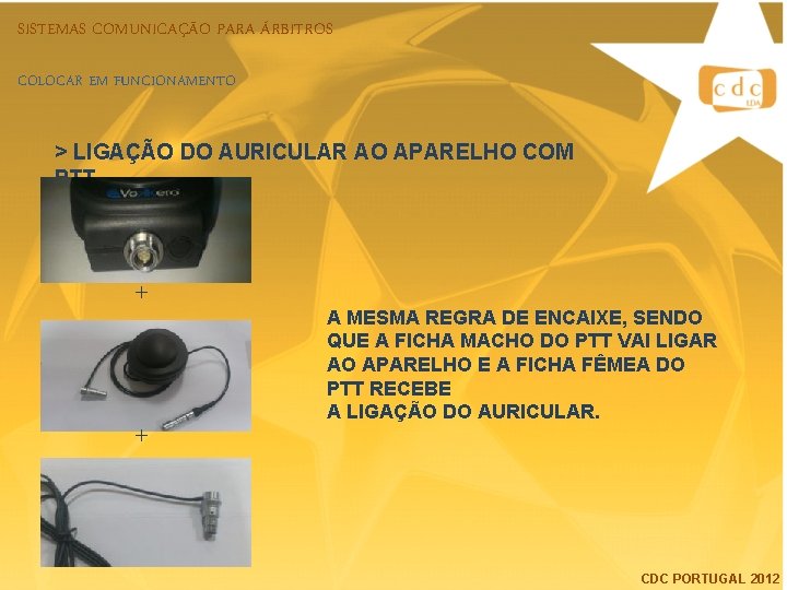 SISTEMAS COMUNICAÇÃO PARA ÁRBITROS COLOCAR EM FUNCIONAMENTO > LIGAÇÃO DO AURICULAR AO APARELHO COM