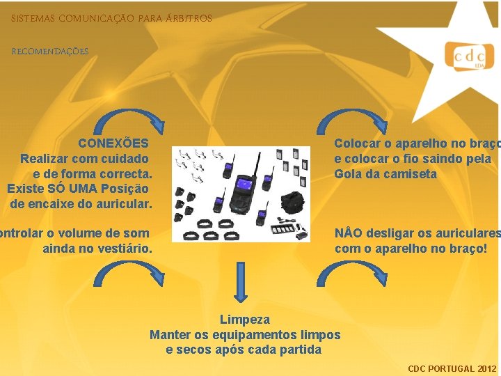 SISTEMAS COMUNICAÇÃO PARA ÁRBITROS RECOMENDAÇÕES CONEXÕES Realizar com cuidado e de forma correcta. Existe