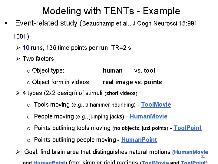Modeling with TENTs - Example • Event-related study (Beauchamp et al. , J Cogn