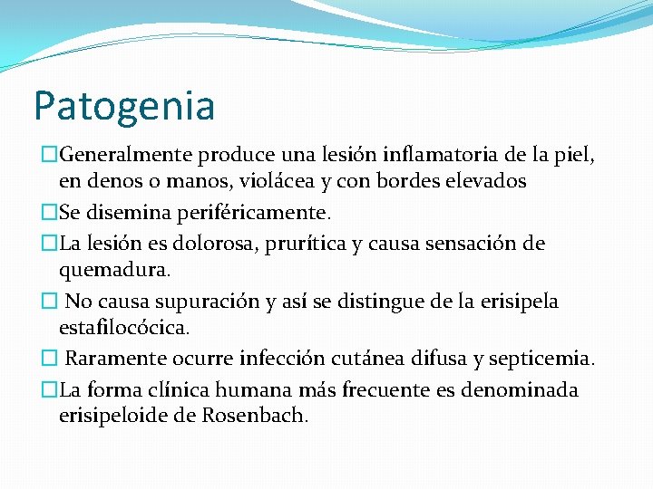 Patogenia �Generalmente produce una lesión inflamatoria de la piel, en denos o manos, violácea