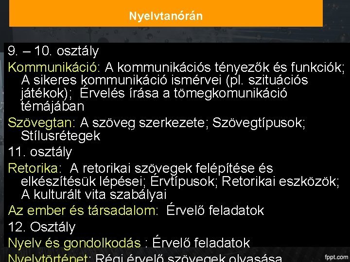 Nyelvtanórán 9. – 10. osztály Kommunikáció: A kommunikációs tényezők és funkciók; A sikeres kommunikáció