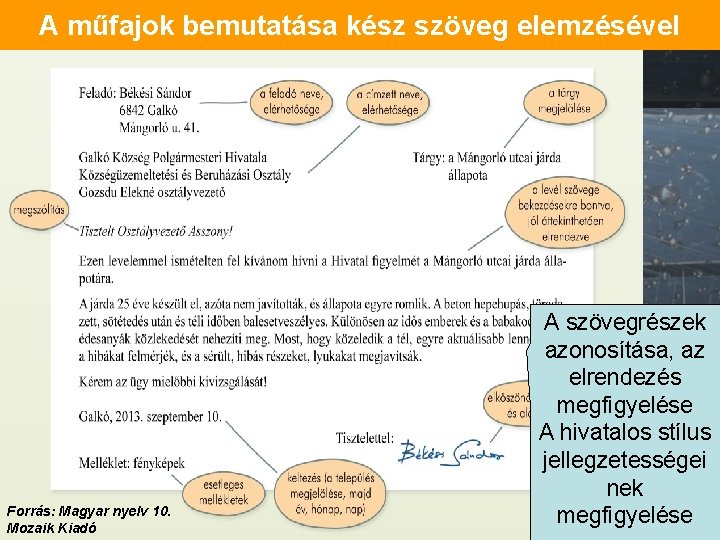 A műfajok bemutatása kész szöveg elemzésével Forrás: Magyar nyelv 10. Mozaik Kiadó A szövegrészek