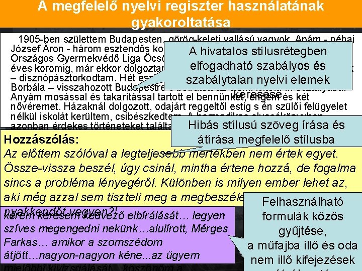 A megfelelő nyelvi regiszter használatának gyakoroltatása 1905 -ben születtem Budapesten, görög-keleti vallású vagyok. Apám