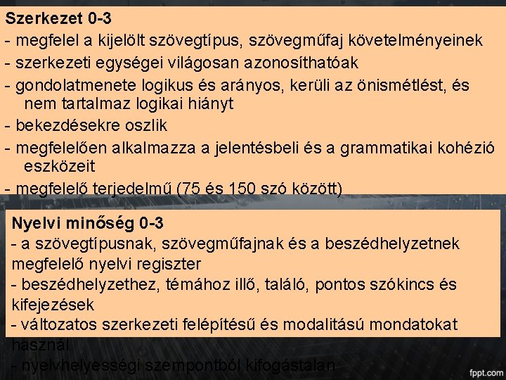 Szerkezet 0 -3 - megfelel a kijelölt szövegtípus, szövegműfaj követelményeinek - szerkezeti egységei világosan