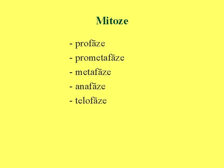 Mitoze - profāze - prometafāze - anafāze - telofāze 