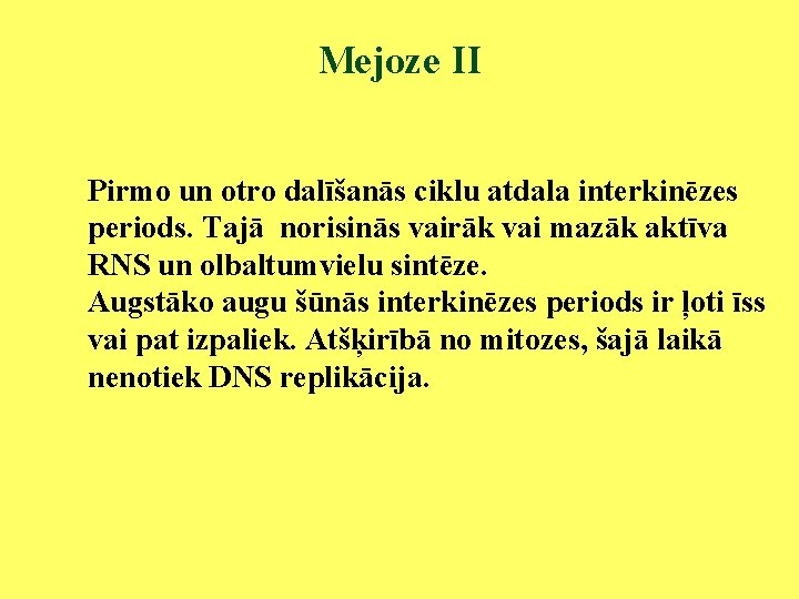 Mejoze II Pirmo un otro dalīšanās ciklu atdala interkinēzes periods. Tajā norisinās vairāk vai