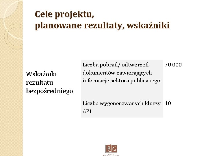  Cele projektu, planowane rezultaty, wskaźniki Wskaźniki rezultatu bezpośredniego Liczba pobrań/ odtworzeń 70 000