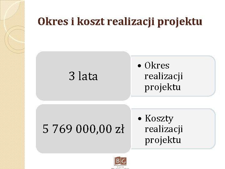 Okres i koszt realizacji projektu 3 lata • Okres realizacji projektu 5 769 000,