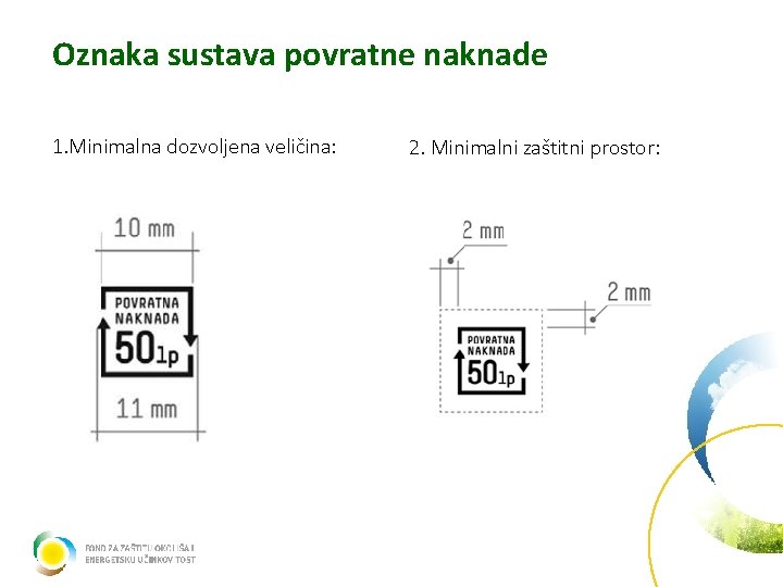 Oznaka sustava povratne naknade 1. Minimalna dozvoljena veličina: 2. Minimalni zaštitni prostor: 