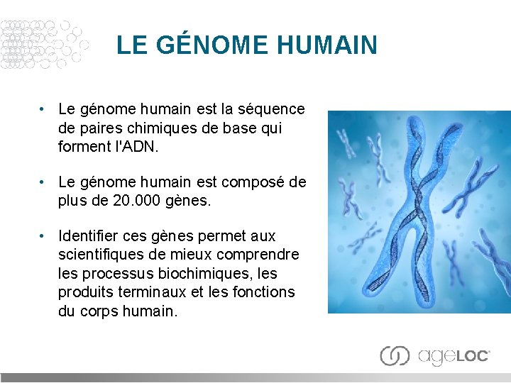 LE GÉNOME HUMAIN • Le génome humain est la séquence de paires chimiques de