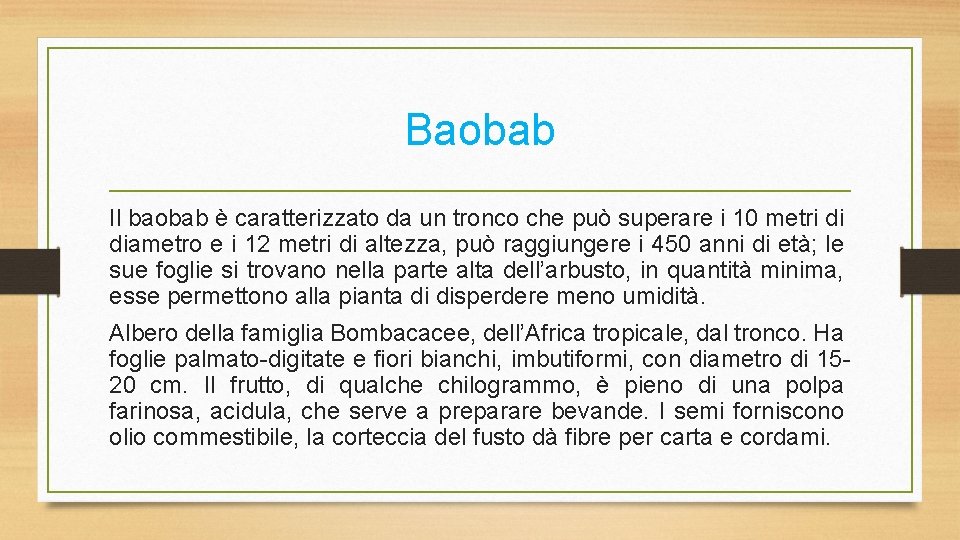 Baobab Il baobab è caratterizzato da un tronco che può superare i 10 metri