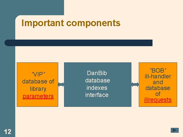 Important components ”VIP” database of library parameters 12 Dan. Bib database indexes interface ”BOB”