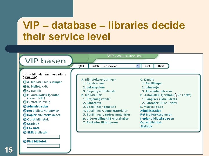 VIP – database – libraries decide their service level 15 