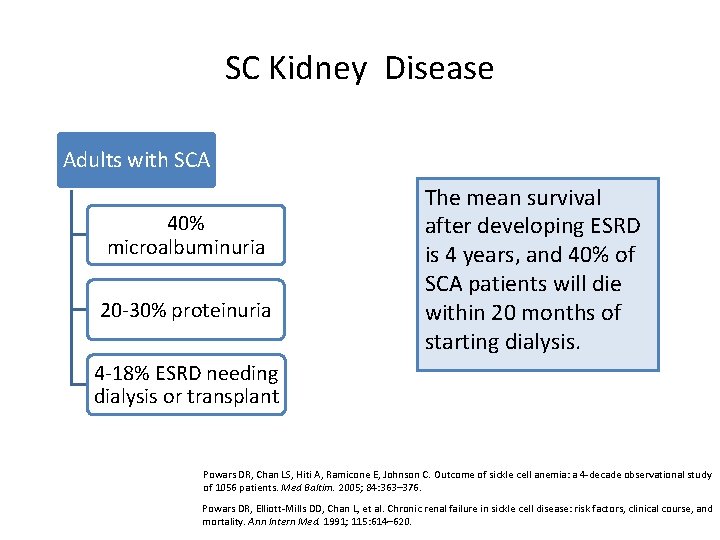 SC Kidney Disease Adults with SCA 40% microalbuminuria 20 -30% proteinuria The mean survival