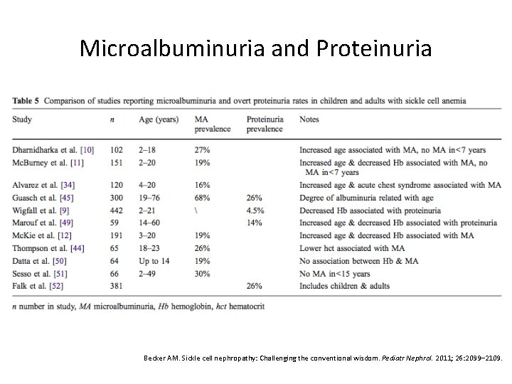 Microalbuminuria and Proteinuria Becker AM. Sickle cell nephropathy: Challenging the conventional wisdom. Pediatr Nephrol.