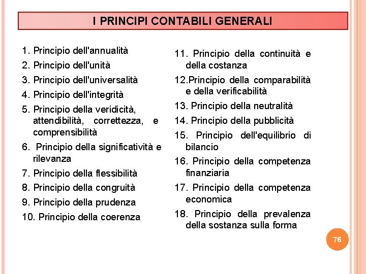 I PRINCIPI CONTABILI GENERALI 1. Principio dell'annualità 2. Principio dell'unità 3. Principio dell'universalità 4.
