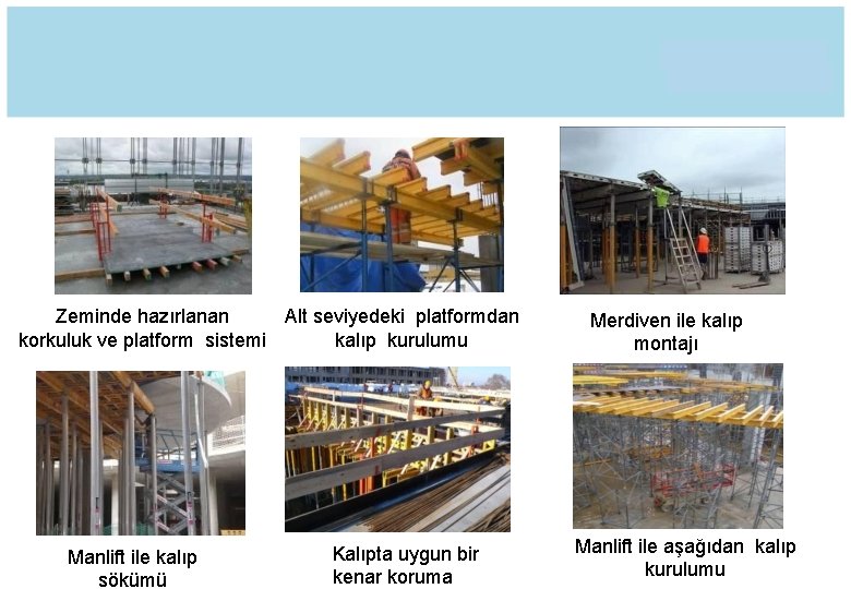 Zeminde hazırlanan Alt seviyedeki platformdan korkuluk ve platform sistemi kalıp kurulumu Manlift ile kalıp