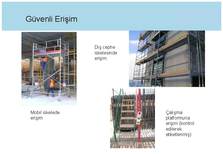 Güvenli Erişim Dış cephe iskelesinde erişim Mobil iskelede erişim Çalışma platformuna erişim (kontrol edilerek