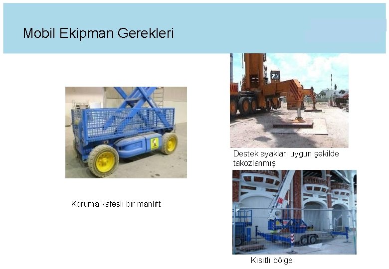 Mobil Ekipman Gerekleri Destek ayakları uygun şekilde takozlanmış Koruma kafesli bir manlift Kısıtlı bölge