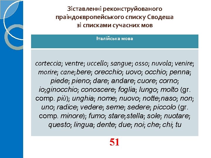 Зіставленні реконструйованого праіндоєвропейського списку Сводеша зі списками сучасних мов Італійська мова corteccia; ventre; uccello;