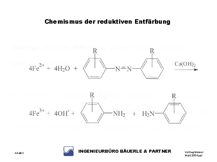 Chemismus der reduktiven Entfärbung AA-98 -3 INGENIEURBÜRO BÄUERLE & PARTNER Vortrag Messer März 2004.