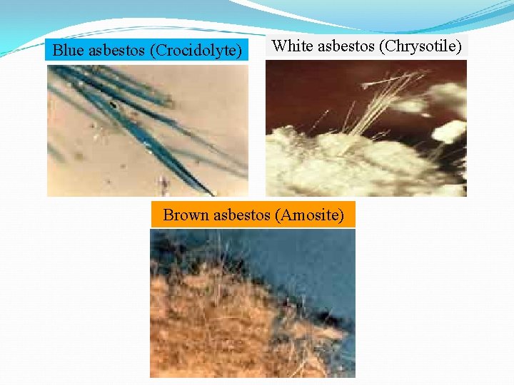 Blue asbestos (Crocidolyte) White asbestos (Chrysotile) Brown asbestos (Amosite) 