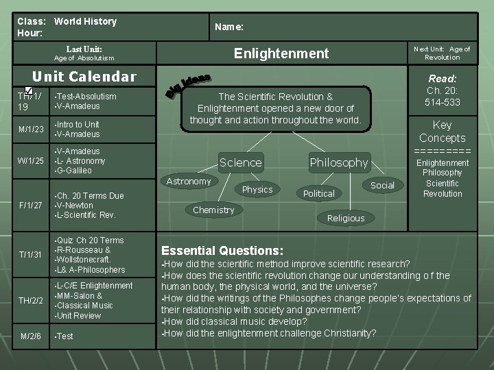 Class: World History Hour: Name: Last Unit: Next Unit: Age of Revolution Enlightenment Age