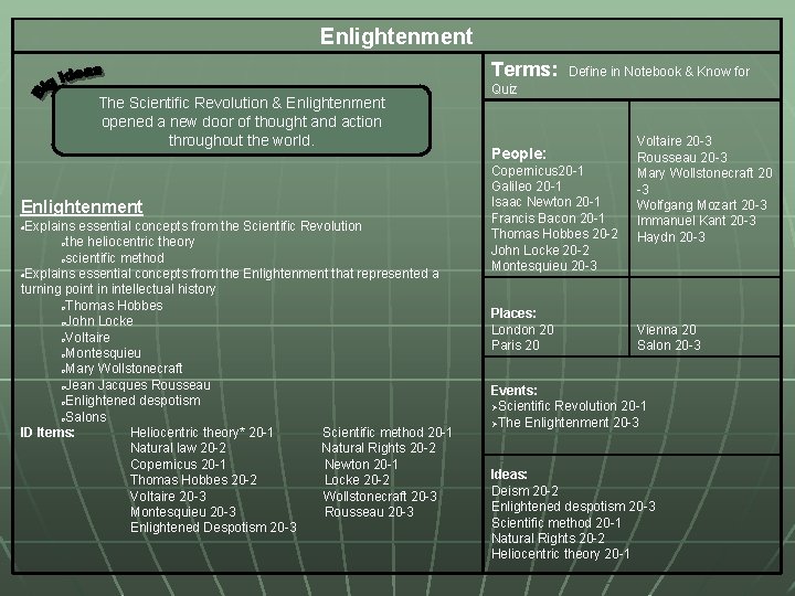Enlightenment Terms: The Scientific Revolution & Enlightenment opened a new door of thought and