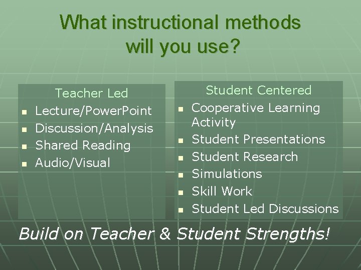 What instructional methods will you use? n n Teacher Led Lecture/Power. Point Discussion/Analysis Shared