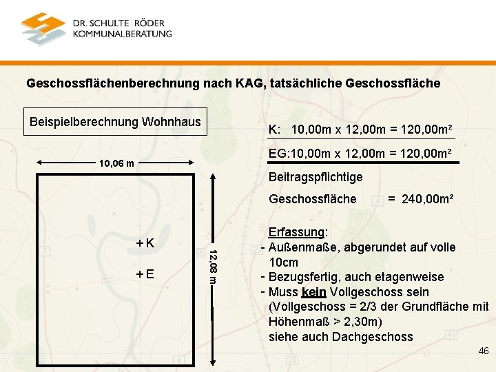 Geschossflächenberechnung nach KAG, tatsächliche Geschossfläche Beispielberechnung Wohnhaus K: 10, 00 m x 12, 00