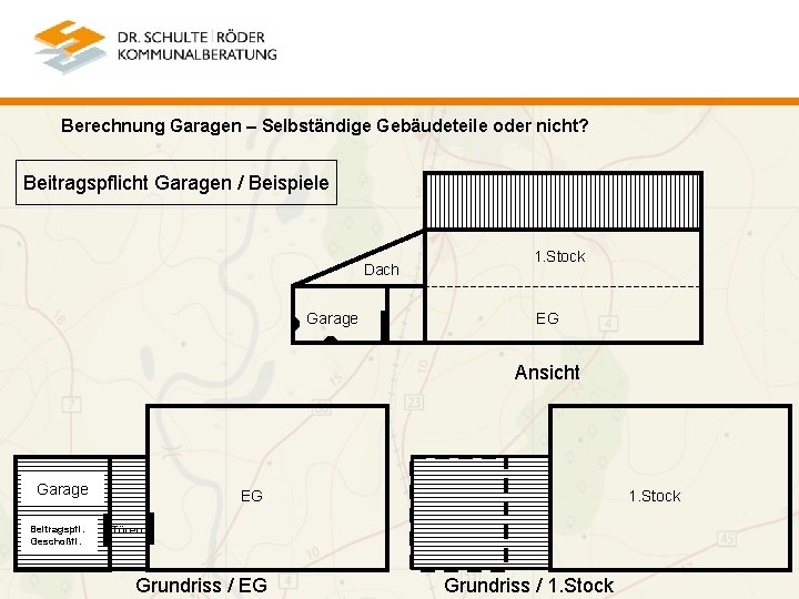 Berechnung Garagen – Selbständige Gebäudeteile oder nicht? Beitragspflicht Garagen / Beispiele Dach Garage 1.