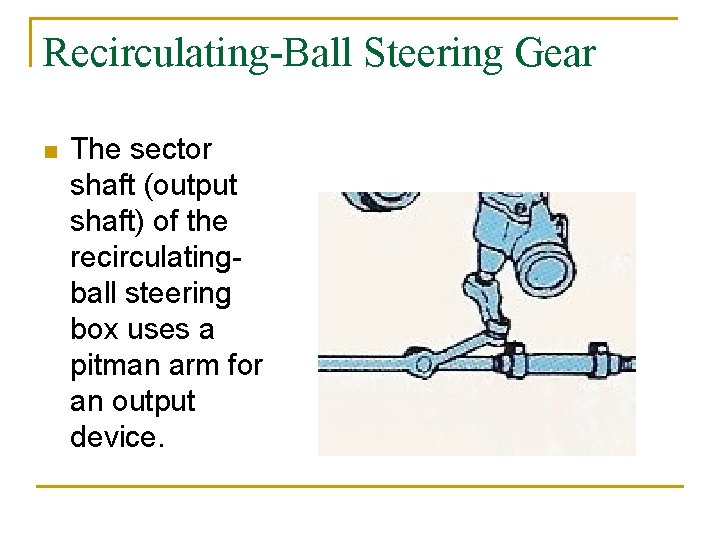 Recirculating-Ball Steering Gear n The sector shaft (output shaft) of the recirculatingball steering box