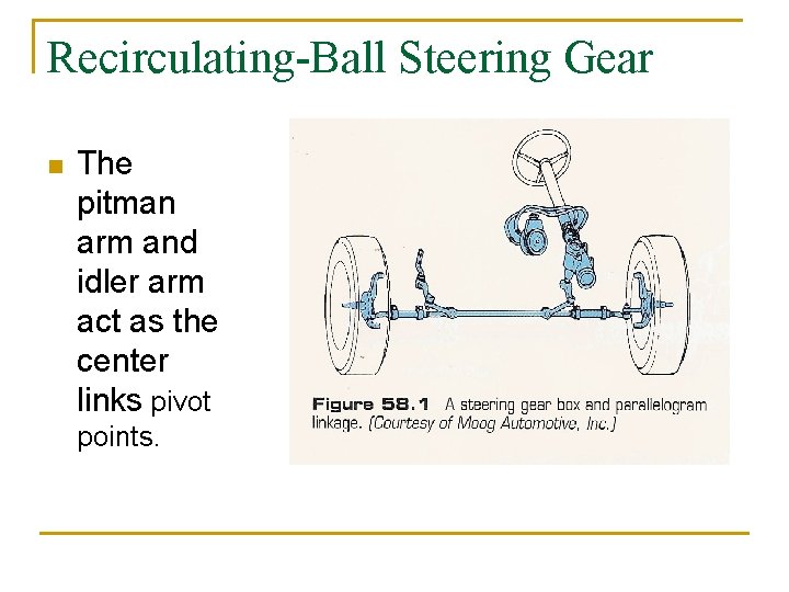 Recirculating-Ball Steering Gear n The pitman arm and idler arm act as the center