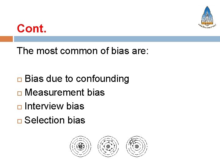 Cont. The most common of bias are: Bias due to confounding Measurement bias Interview