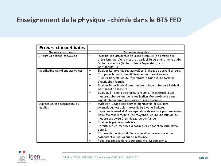 Enseignement de la physique - chimie dans le BTS FED Erreurs et incertitudes Notions