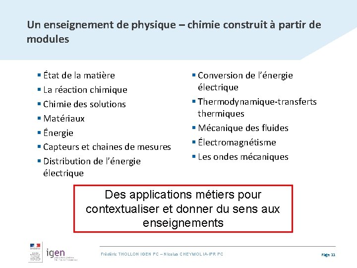 Un enseignement de physique – chimie construit à partir de modules § État de