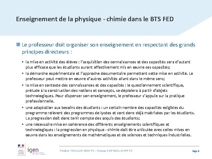 Enseignement de la physique - chimie dans le BTS FED n Le professeur doit