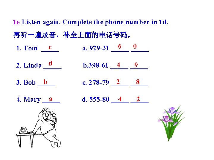 1 e Listen again. Complete the phone number in 1 d. 再听一遍录音，补全上面的电话号码。 c 1.