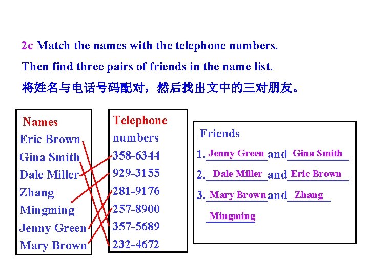 2 c Match the names with the telephone numbers. Then find three pairs of