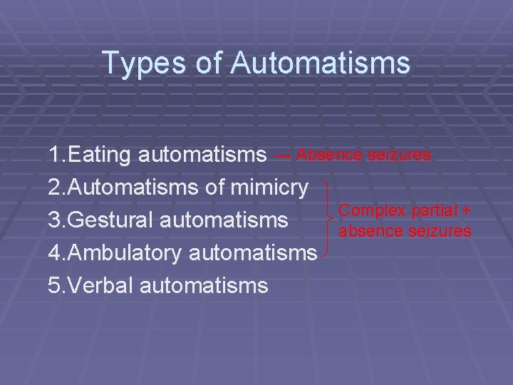 Types of Automatisms 1. Eating automatisms → Absence seizures 2. Automatisms of mimicry Complex