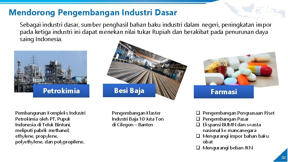 Mendorong Pengembangan Industri Dasar Sebagai industri dasar, sumber penghasil bahan baku industri dalam negeri,