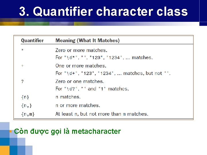 3. Quantifier character class § Còn được gọi là metacharacter 
