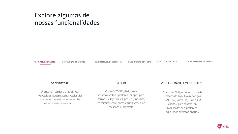 Explore algumas de nossas funcionalidades 01. ÚLTIMAS INOVAÇÕES 02. AQUISIÇÃO DE CLIENTES 03. EXPERIÊNCIA